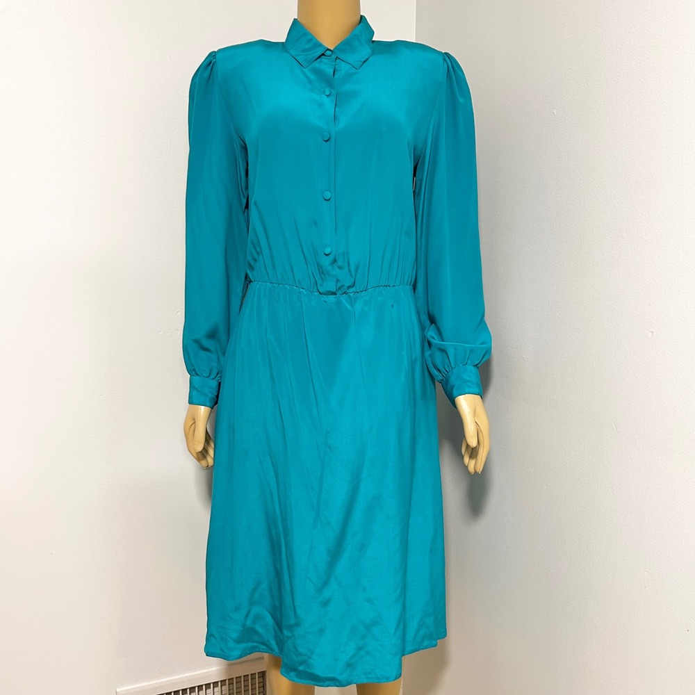Vintage Tracer Silk Dress Teal Blue Button Front Puff Sleeve Midi‎ Medium 12